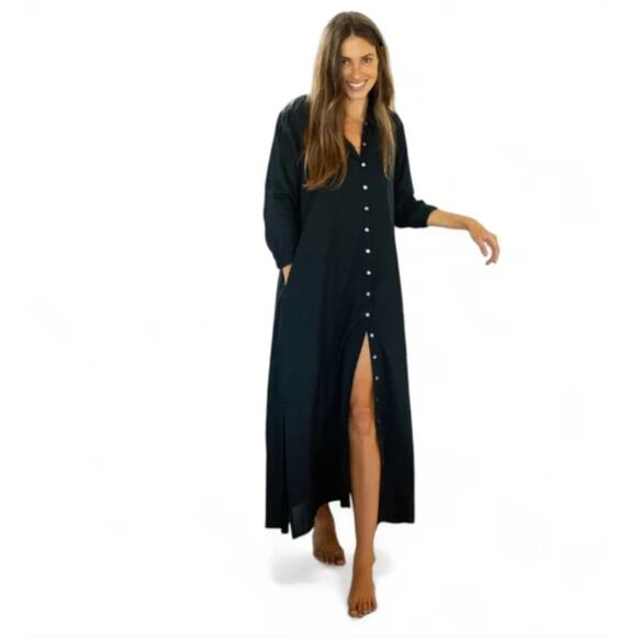 Natural Life | Drew 100% Cotton Button Down Duster Maxi Shirt Dress Black Medium - Picture 1 of 10